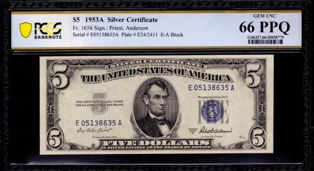 1953 A $5 Silver Certificate Note Fr.1656 Ea Block Pcgs B Gem Unc 66 Ppq