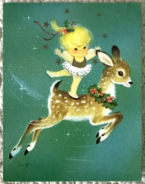 Unused Christmas Girl Ride Deer Vtg Greeting Card 1950s 1960s Marjorie Cooper