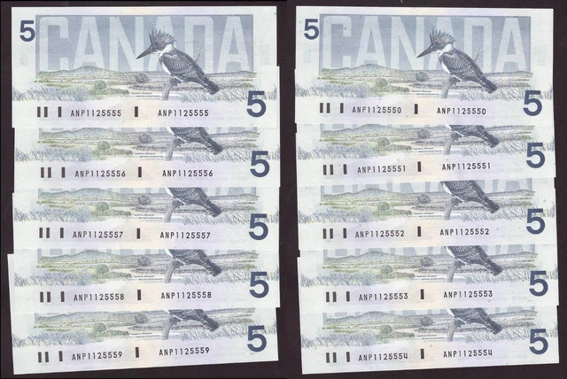10x 1986 Canada $5 consecutive notes Knight Theissen ANP1125550-9 CH UNC