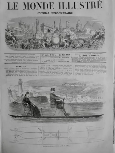 1869 Velocipede Nautique Invention De La Rue 3 Journaux Anciens