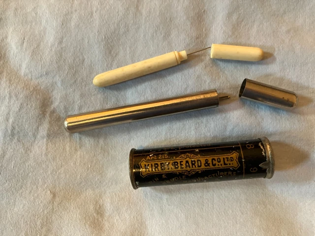 3 needle cases, Victorian bone, Vintage metal, Antique Kirby& Beard-English