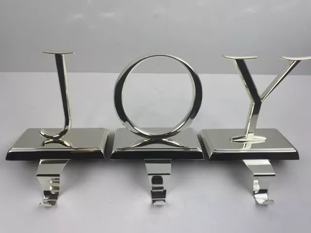 Pottery Barn JOY Christmas Stocking Hangers Silver Plate Mantel Hooks