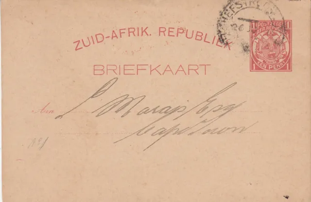 Transvaal: 1d Postal Card: Standard Bank, Potchefstroom-Cape Town,26-30 Jun 1891