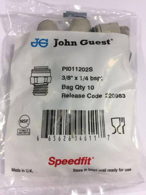 John Guest PI 011202S straight adpt-BSPT thread, 3/8 tube, 1/4 BSPT (bags of 10)