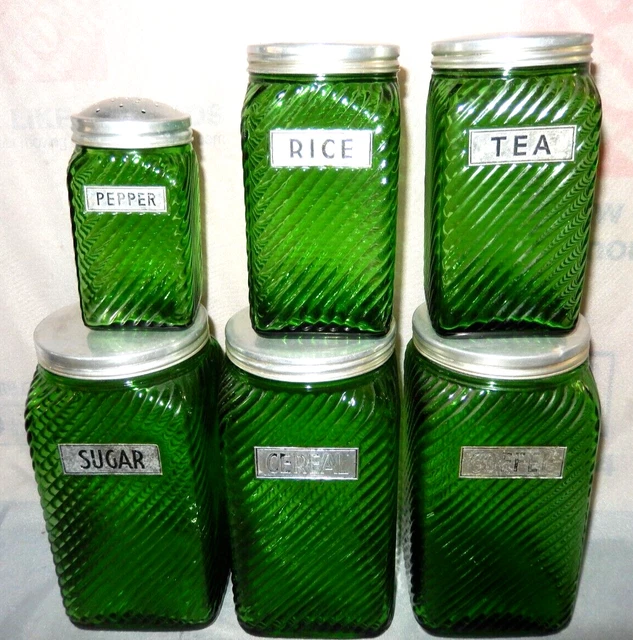 (6) Vintage Owens Illinois Green Ribbed Hoosier Jars Excellent