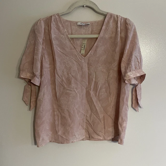 Madewell Women S Pink Pindot Blooms 100% Silk Light V-Neck Tie-Sleeve Blouse NWT