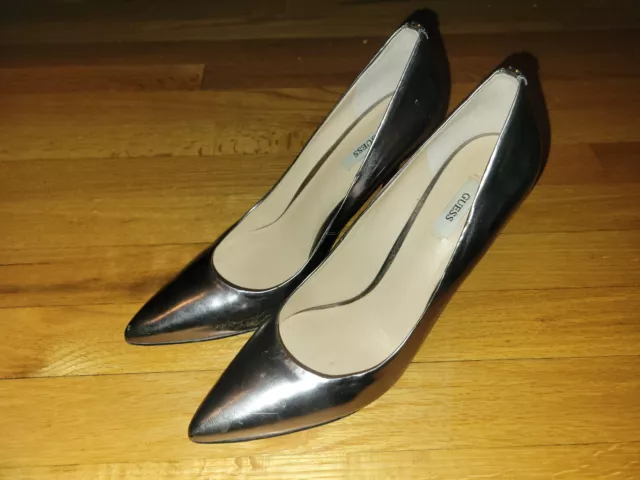 Used Worn Silver Metallic Guess Leather High Heels Pumps Court Shoes Size 9.5