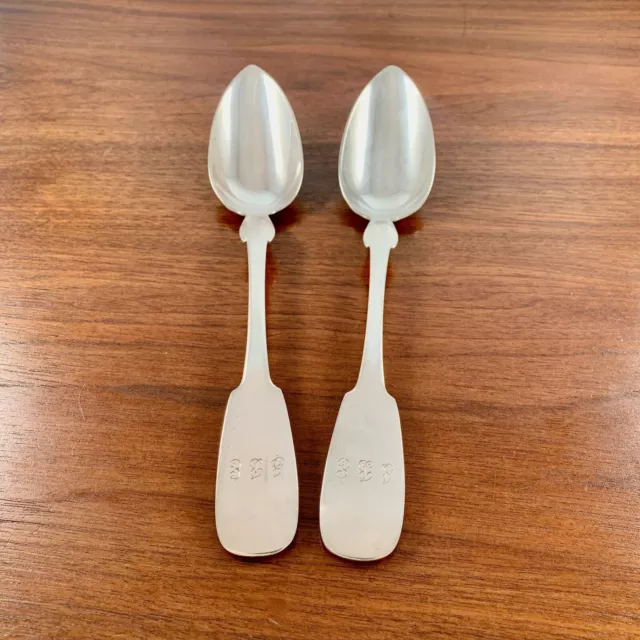 (2) PRISTINE GERMAN 12 LOTH SILVER SERVING SPOONS MAKER WAMBACH c.1850