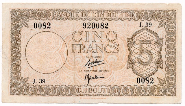 FRENCH SOMALILAND banknote 5 Francs 1945 VF Very Fine