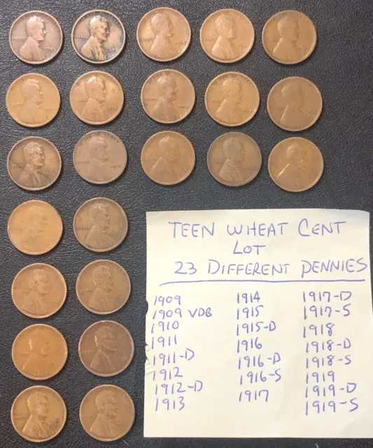 (23)x Lincoln Wheat TEEN'S ONLY! Cent Penny Starter Set Lot All Diff 1909-1919