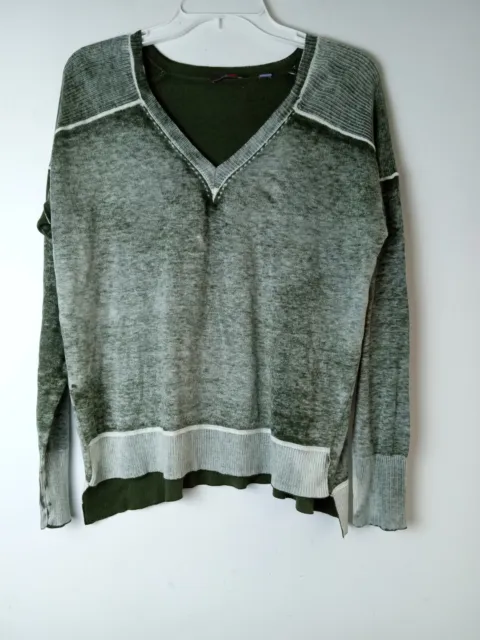 Cullen Women Green & White Silk/Cotton Blend V-Neck Pullover Sweater size Small