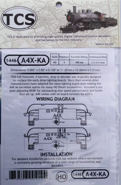 DCC TCS A4X-KA, 4 Function, HO Scale drop-in decoder Keep Alive device ready