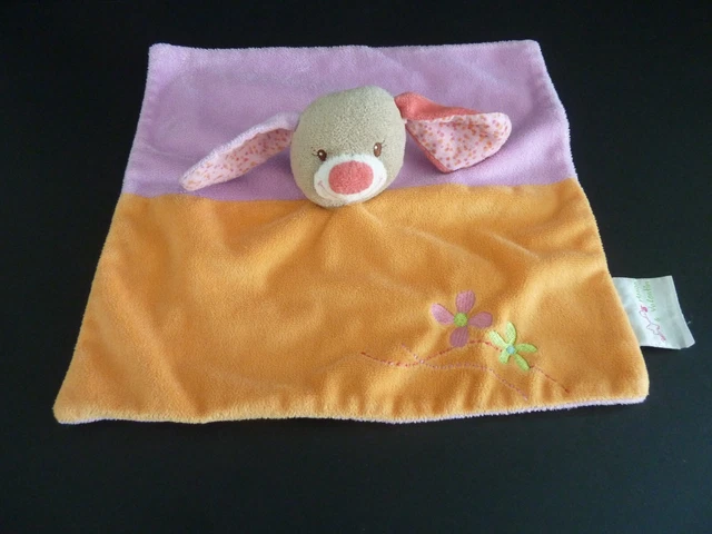 46. Doudou Plat Lapin Manon Et Valentin Rose Orange Fleur Carre - Tbe