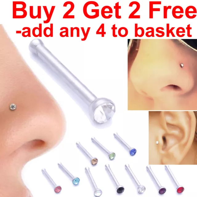 Nose Studs Surgical Steel Silver Straight Crystal Nose Stud Tragus Bar Stud Pin