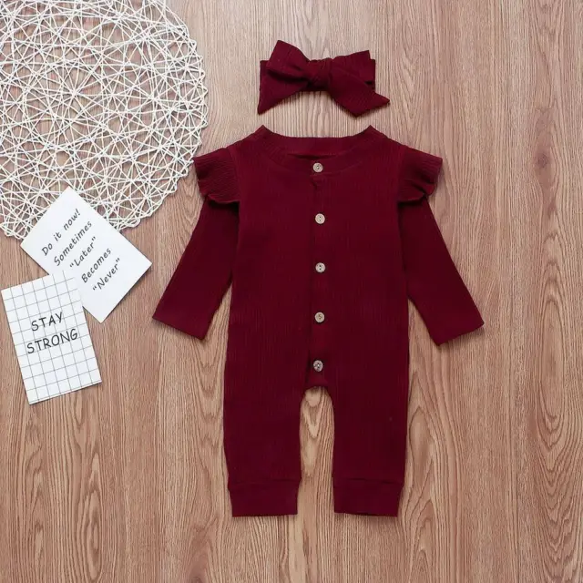 Newborn Baby Girls Ribbed Outfits Romper Jumpsuit Headband Set Infant Clothes 7