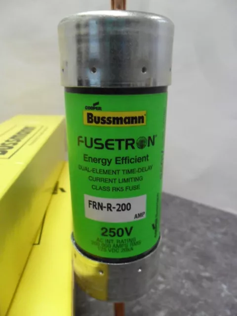 New Bussmann Fusetron FRN-R-200 Energy Efficient 200 Amp Fuse 250V NIB