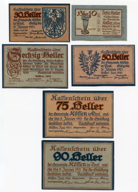 NOTGELD- Serienscheine- Gemeinde Kössen in Tirol- Set 6 Scheine- 1920- 90 Heller