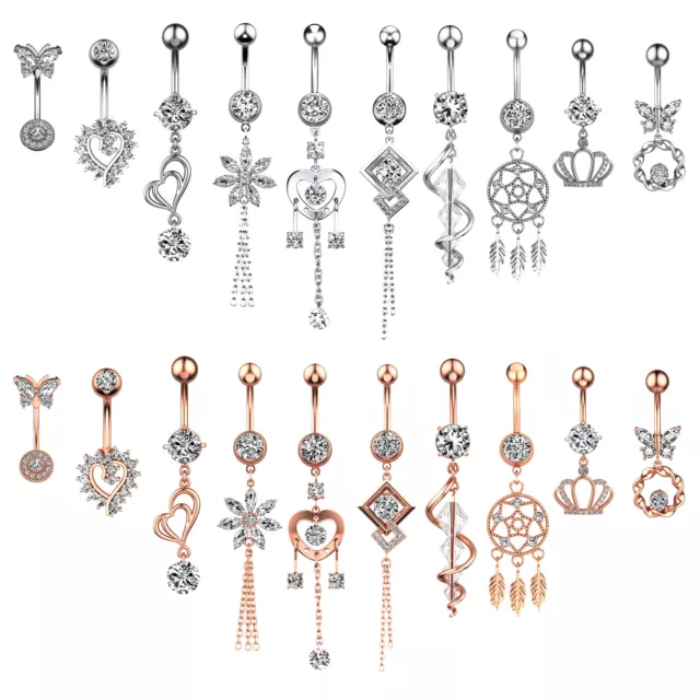14G Dangle Belly Button Ring Navel CZ Surgical Steel Clear Body Piercing Jewelry