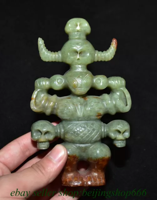 5.6" Chinese Hongshan Culture Hetian Jade Nephrite Carved Skull Sun god Statue