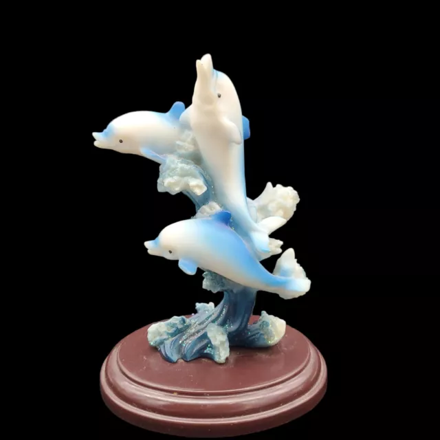Three Beautiful Blue Dolphins Riding Wave Resin Sculpture 5" Figurine Nautical