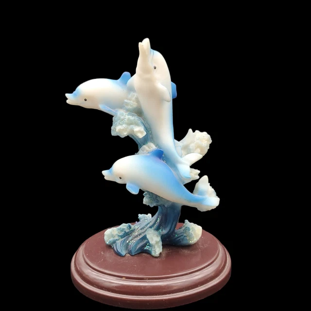 Three Beautiful Blue Dolphins Riding Wave Resin Sculpture 5" Figurine Nautical