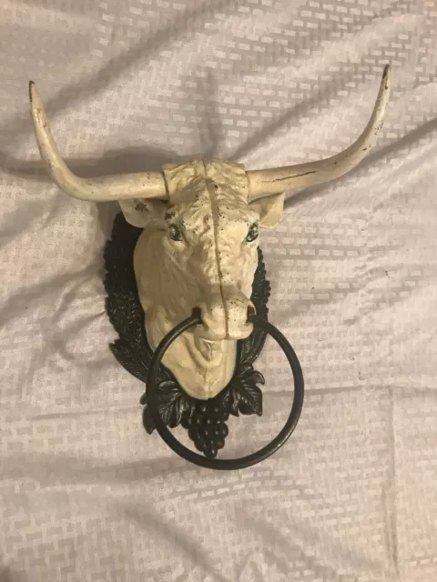 Cast Iron White Bull Head Country Towel Holder (9-1/4” W X 7-1/4” H X 11” L)