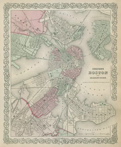 Boston and adjacent cities. Decorative antique town city plan. COLTON 1869 map