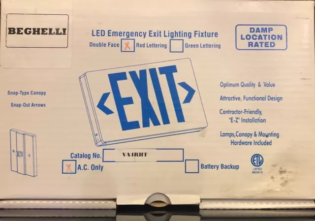 Beghelli LED Single/Double Sided Exit Sign Lighting Fixture RED LETTERING