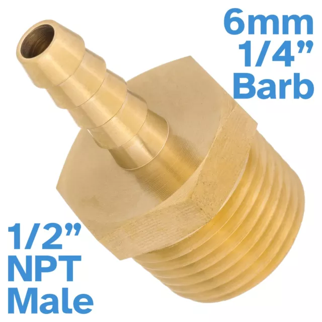Brass 6mm 1/4" Barb Hose To 1/2" NPT Male Threaded Pipe Fitting Tail Connector