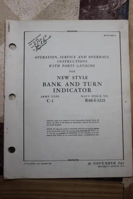 Original 1945 Aaf Schwien C-1 New Style Turn And Bank Indicators Flight Manual