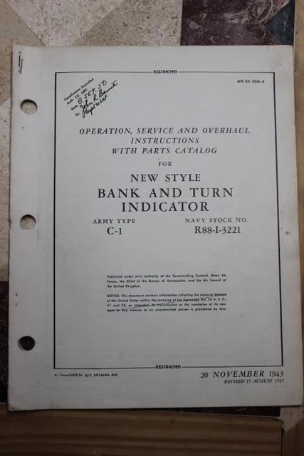 Original 1945 Aaf Schwien C-1 New Style Turn And Bank Indicators Flight Manual Original 1945 Aaf Schwien C-1 New Style Turn And Bank Indicators Flight Manual