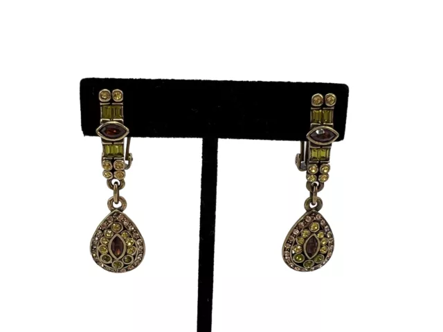 Heidi Daus Clip On Dangle Earrings Tear Drop Brown Green Yellow Crystals 1.75"