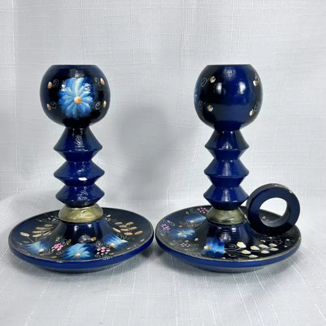 Pair of Vtg Blue Hand Painted Wooden Candlestick Holder FINGER LOOP w/ Drip Tray