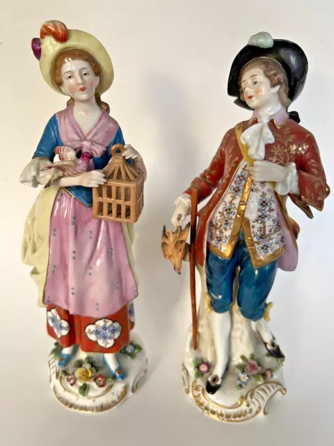 Pair (2) 19th c Chelsea Samson Couple w Birdcage Hunt Bird Figure Statues HP 10"