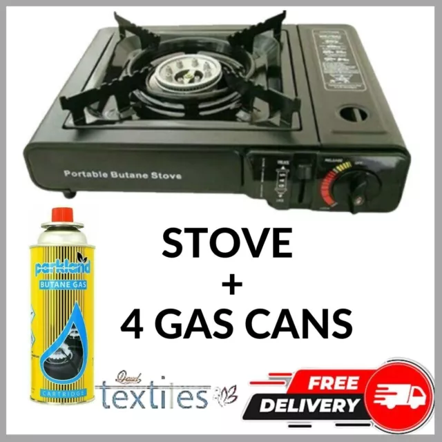 Portable Camping Gas Stove Single Burner Cooker Outdoor Case With 4 Butane Cans