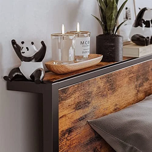 DOUBLE BED FRAME with Wooden Storage Shelf Headboard, Metal Platform