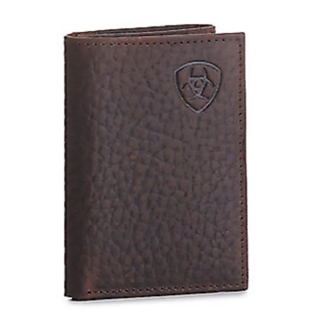 New! Men's Ariat Brown LEATHER TRI-FOLD WALLET w/ Shield logo Slim fit design