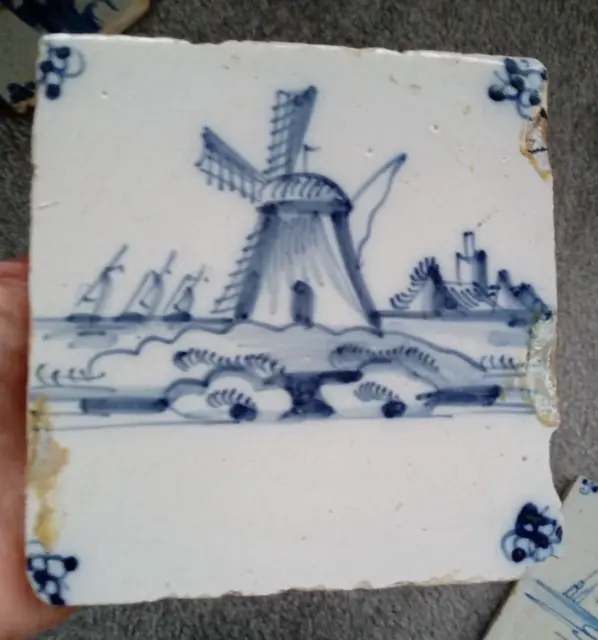 Antique Dutch Blue & White  Delft Tile 5 inch  DUTCH WINDMILL & DISTANT BOATS