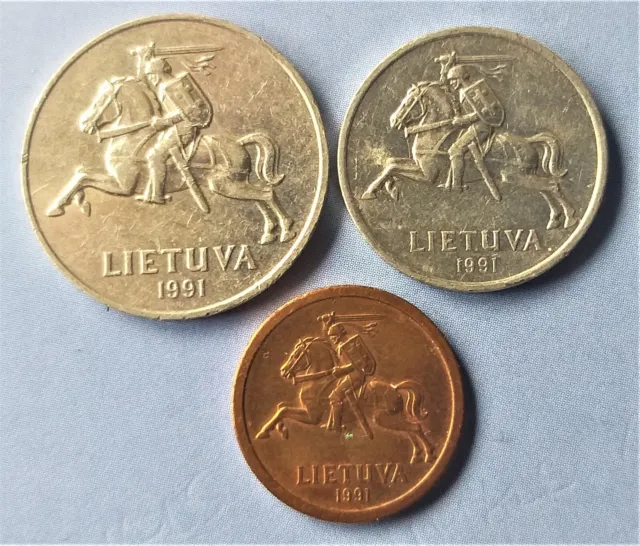 1991 Lithuania - 3 coins - 2 & 1 Centas, 10 Centu