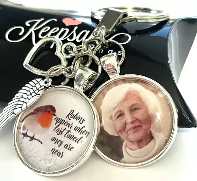 Personalised Photo Gift Keyring Robins Angel Wings Memorial Bereavement Memory