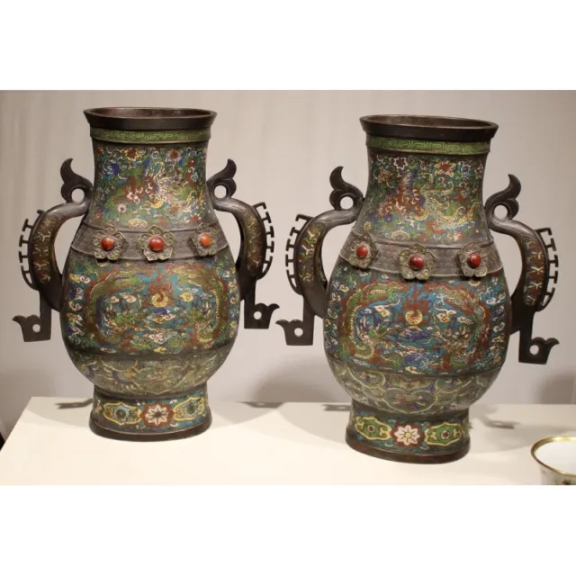 Antique 19th Japanese Meiji Bronze Pair Of Cloisonné Vases Dragons Signed
