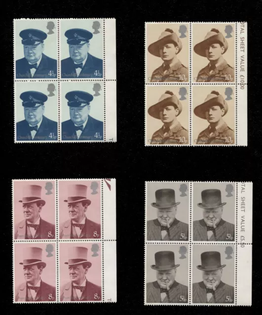 GB 1974 Churchill Centenary Full Set - Blocks of 4x 4½p 5½p 8p & 10p Stamps MNH