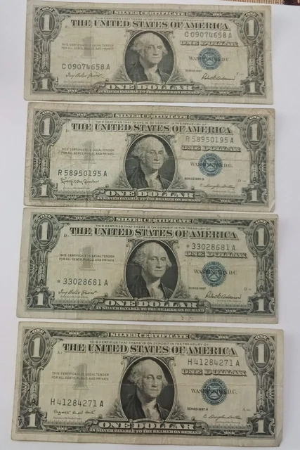 Set of 4 $1 One Dollar 1957 57A 57B Series Silver Certificate Notes  Error Star