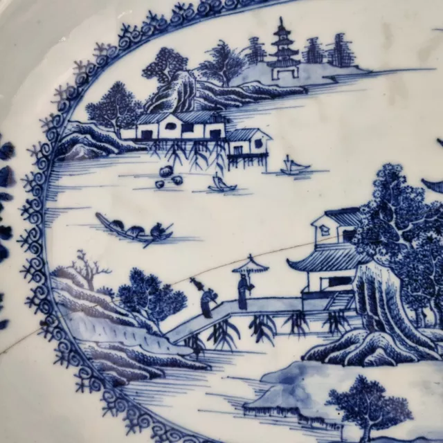 Antique 18th Century Chinese Blue & White Oval Dish Willow Landscape 36.8cm 3