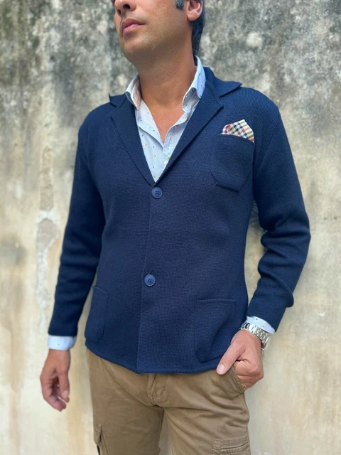 Cardigan uomo blu, slim con pochette