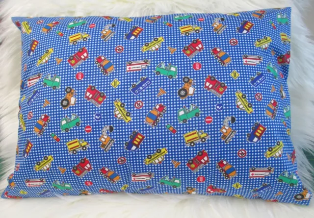 Toddler / Child Cot Pillowcase - Blue Construction Trucks - Handmade FREE POST