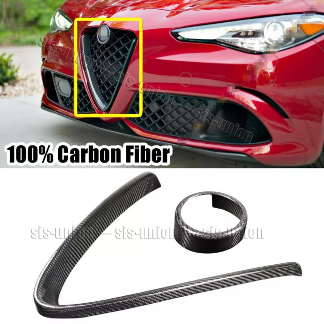 Real Carbon Fiber V Shape Grille Cover+Logo Ring For Alfa Romeo Giulia 2017-2022