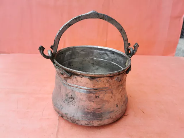 Old Antique Primitive Copper Vessel Bowl Bucket Pail Handle