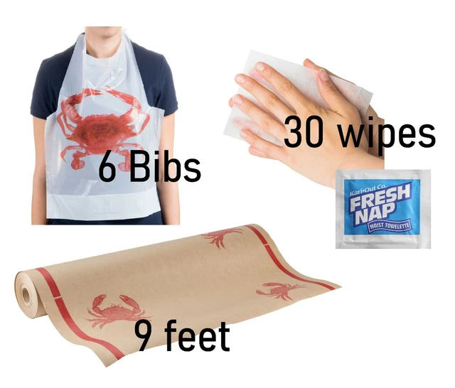 Kraft Paper Crab Tablecloth and 6 Disposable Crab Bibs and 30 Towelettes