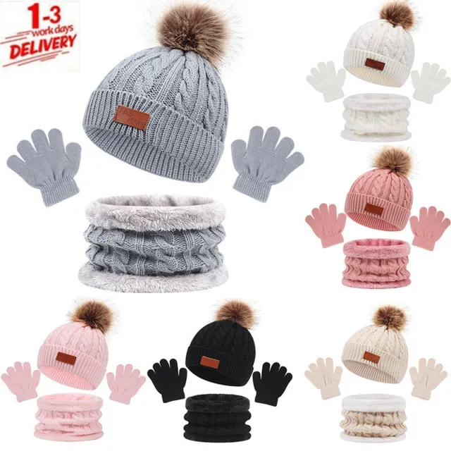 3PCS/set Kids Hat Scarf Gloves Set Baby Winter Warm Girls Boys Pompom Beanie Cap